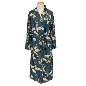 Clo Intimo Robe Women's L Large Blue Palm Floral Long Tie NWT